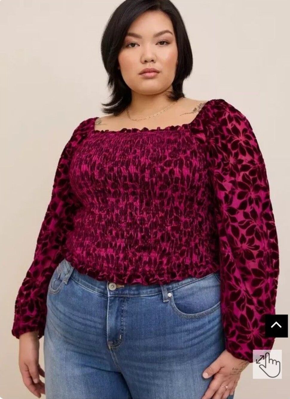 Torrid Velvet Smocked Blouson Sleeve Crop Top Wine Plus Size 1 XL NWT